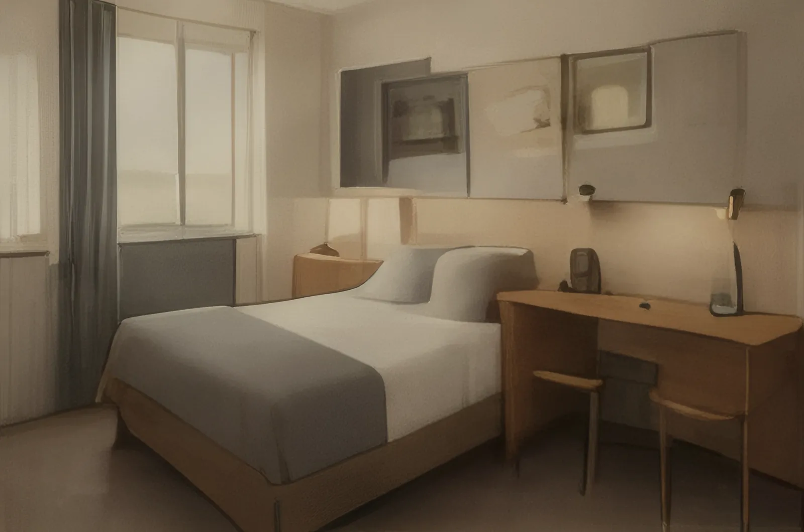 Single room with a bed, desk and window